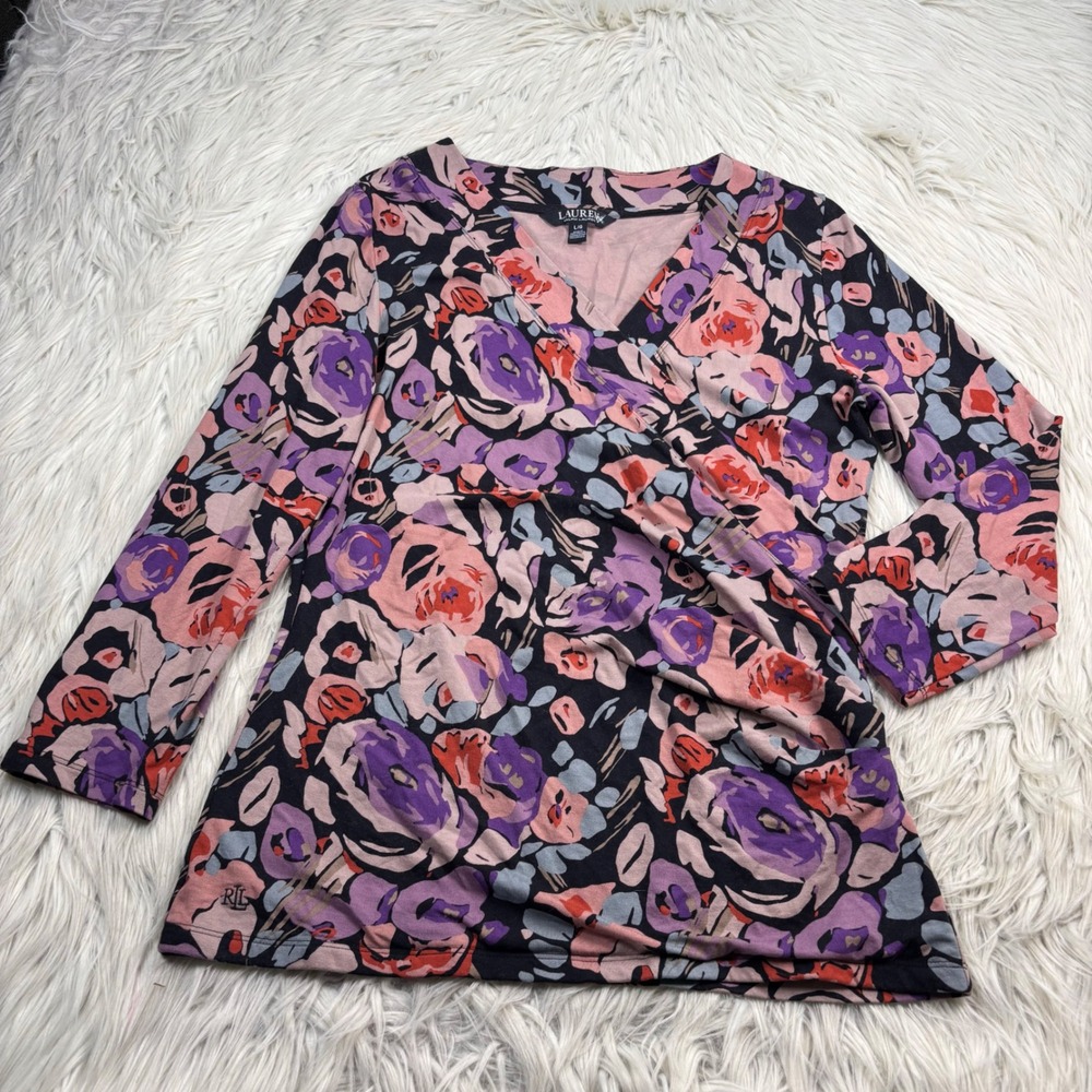 Lauren Ralph Lauren Women's L Dark Floral Surplice Wrap Top Feminine Chic